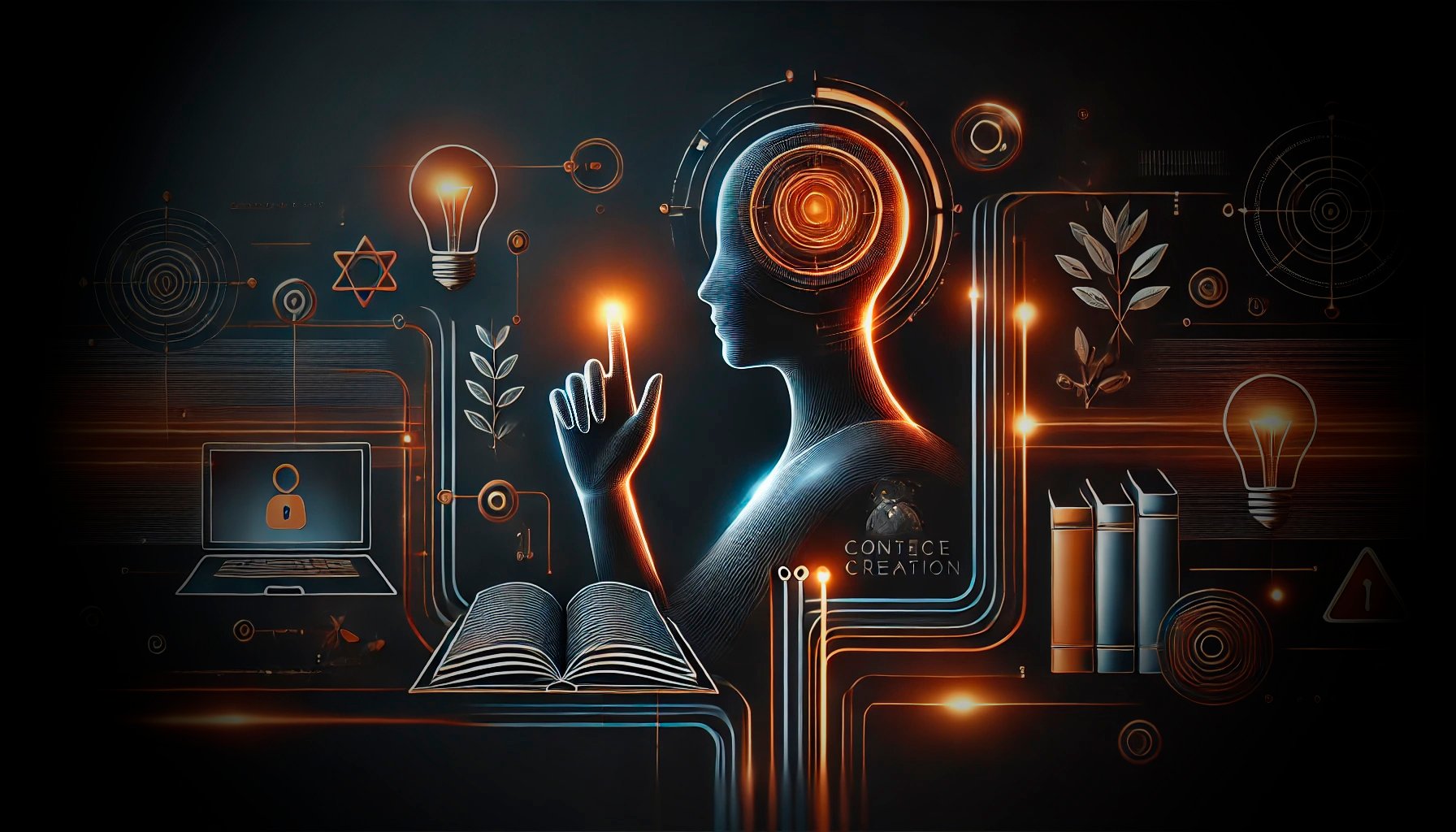 Abstract digital art of a human figure interacting with tech symbols, including a laptop, books, lightbulbs, and gears.