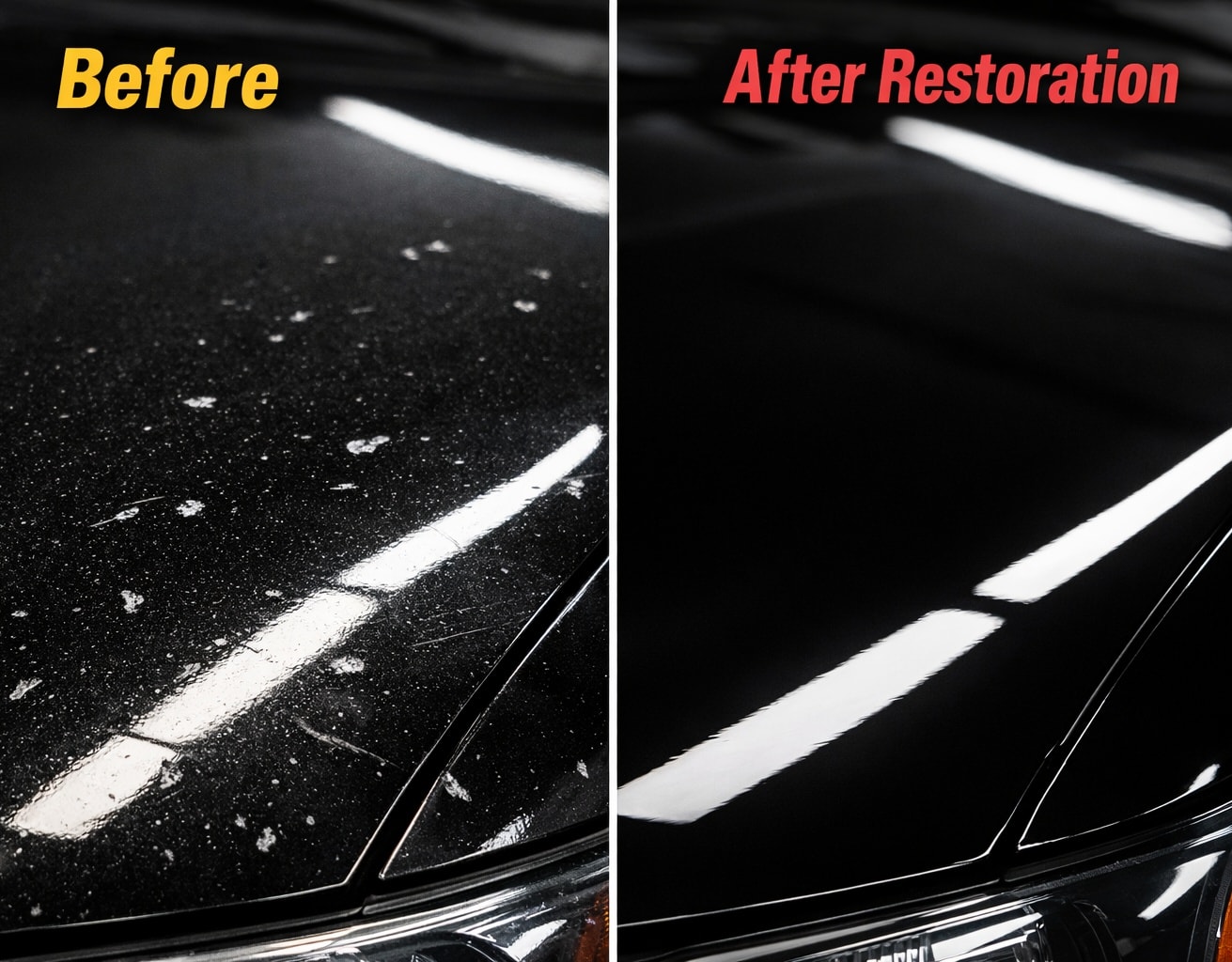 Before and after paint correction and scratch repair on car door