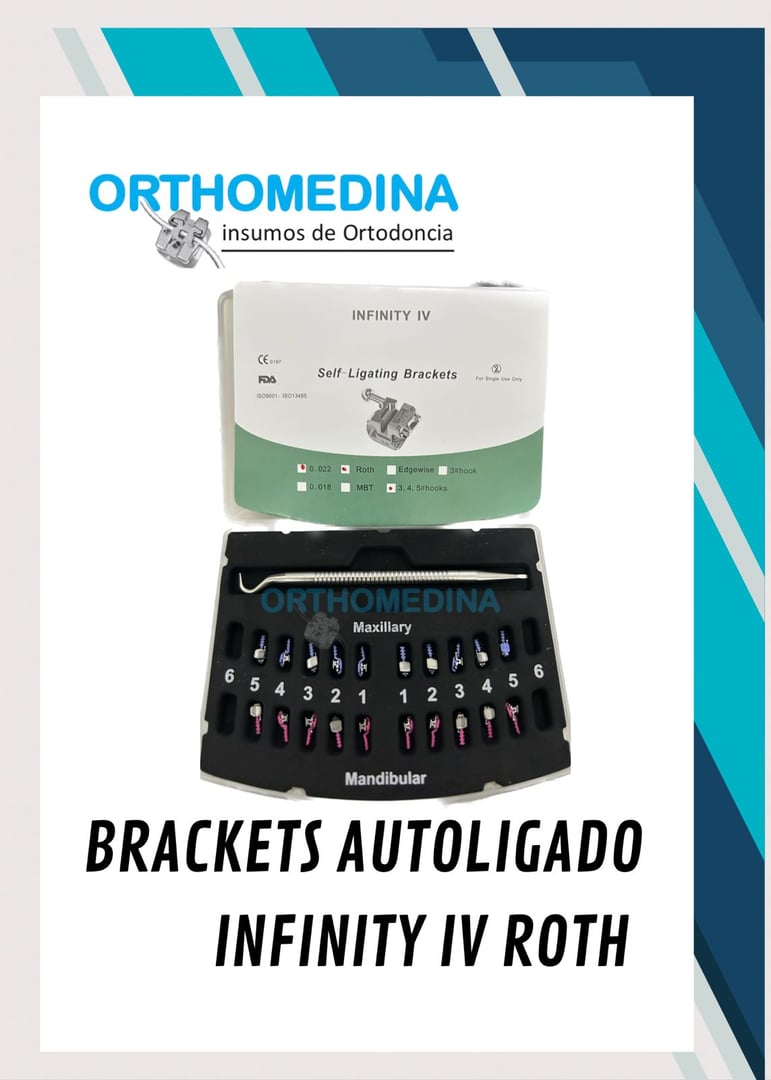 Packaging for Orthomedina Infinity IV self-ligating brackets, displayed with assorted orthodontic brackets inside.