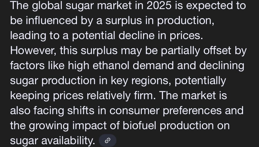 Text discussing the 2025 sugar market, surplus, price decline, ethanol demand, consumer shifts, and biofuel impact on sugar.