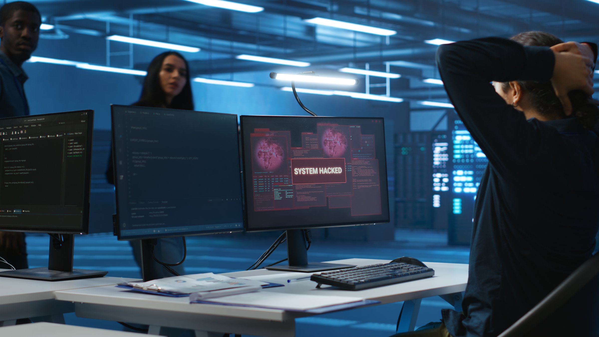 Programmer in server hub workspace requesting assistance from colleagues during hacking attack on computers. Software developer asking for help from colleagues to protect data from unauthorized access