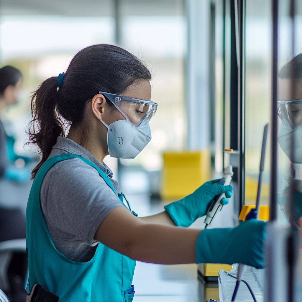 Scientist wearing protective gear conducts experiment with pipette in a laboratory setting.