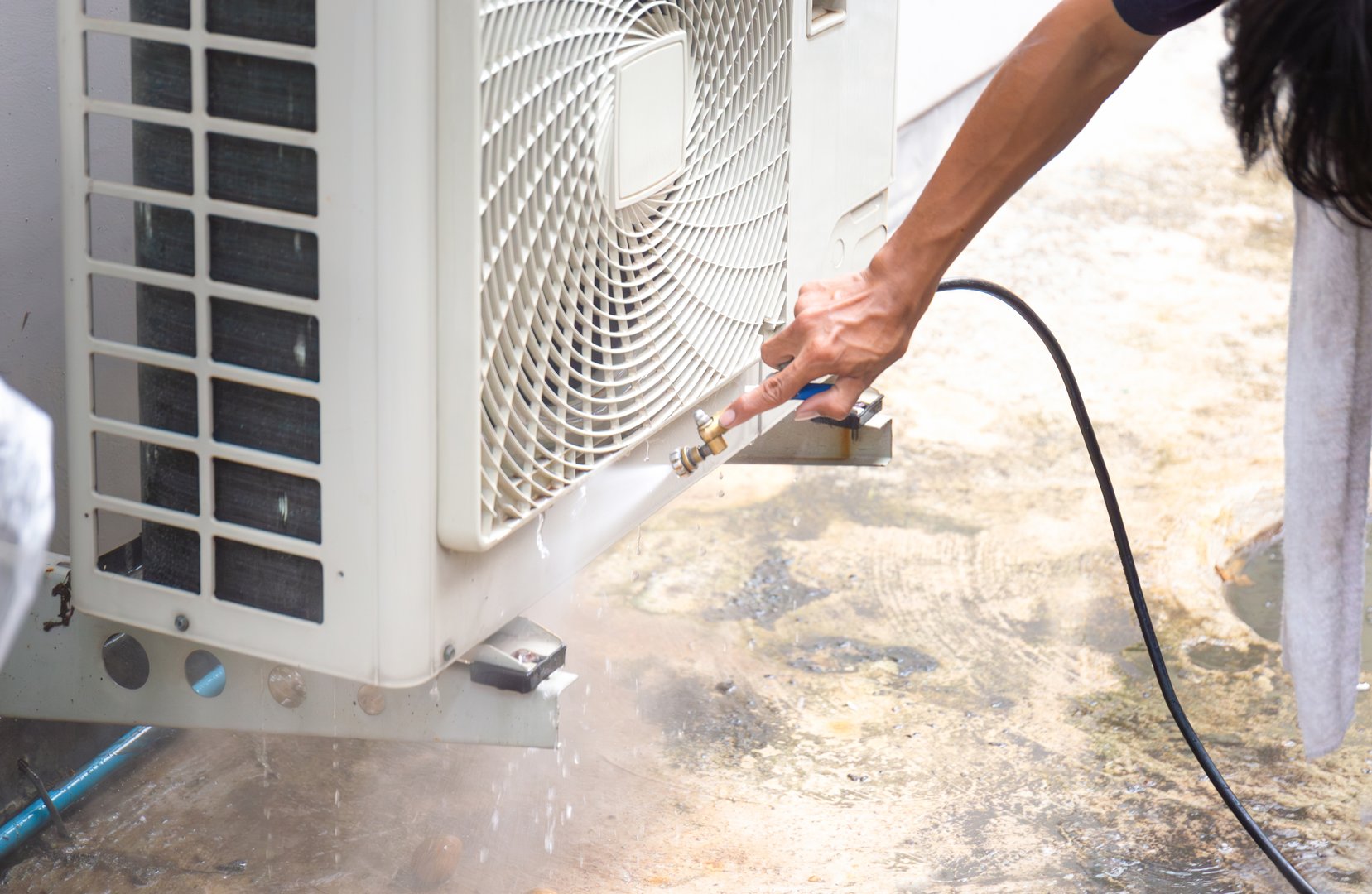 Technical man clean air conditioning system, Repairman washing dirty inside the compartments air conditioner, Maintenance and service concepts