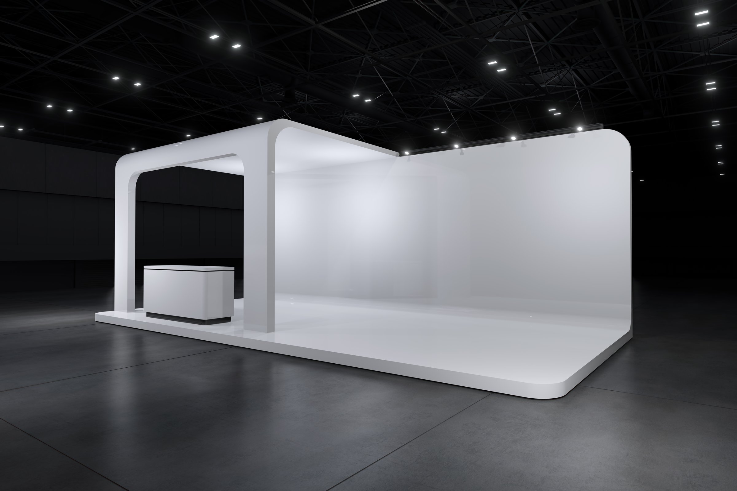 Exhibition stand for mockup and Corporate identity,Display design.Empty booth Design.Retail booth elements in Exhibition hall.booth Design trade show.Blank Booth system of Graphic Resources.3d Background for online Event,conference,live.3d render.