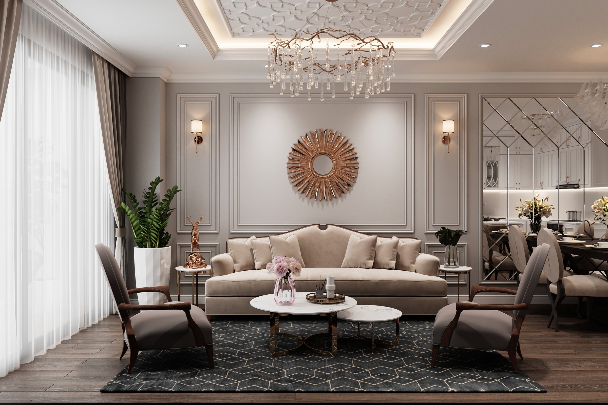 A quiet luxury living room interior with glamour and traditional furnitureA quiet luxury living room interior with glamour and traditional furniture