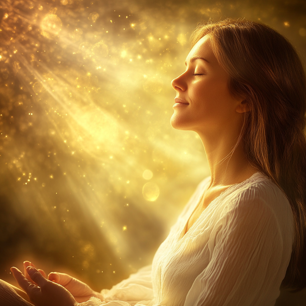 A woman with closed eyes and a serene expression bathed in warm, golden light, creating a peaceful and radiant atmosphere.