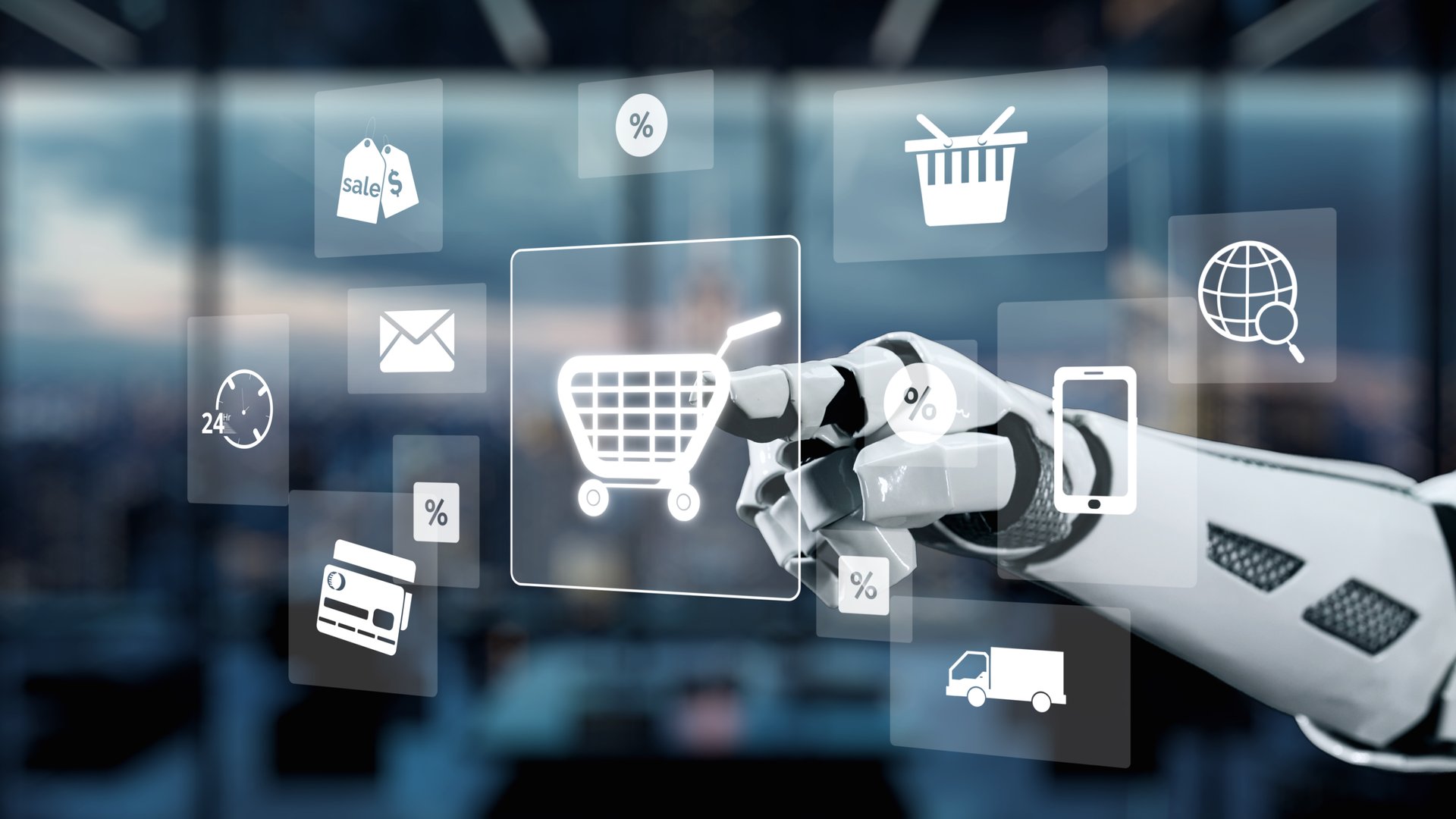 A futuristic robotic hand interacts with an array of e-commerce icons on a touchscreen interface, representing the innovative integration of technology and shopping experiences. Auvana