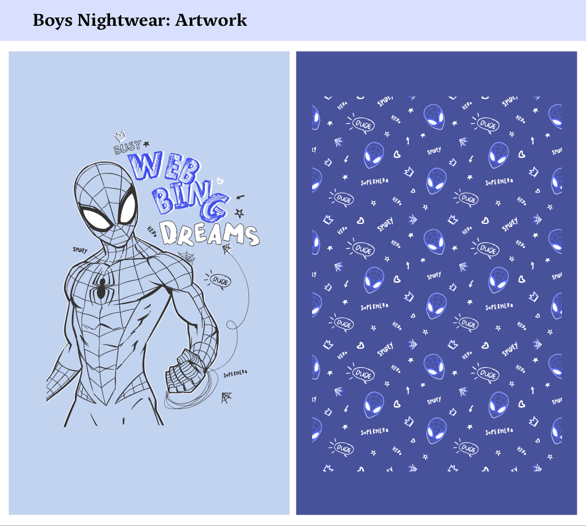 Spider-themed boys' nightwear artwork with a superhero sketch and web-patterned design, featuring the text "Web Sling Dreams."