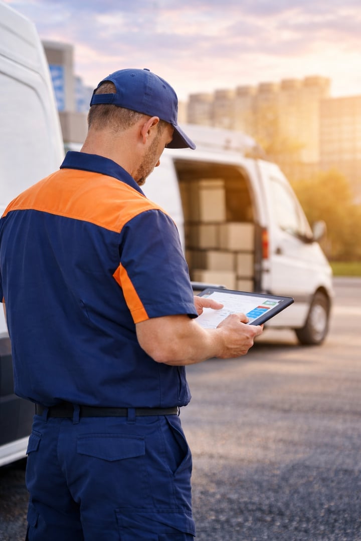 Happy Hispanic Courier Using Tablet To Deliver Packages Near Van