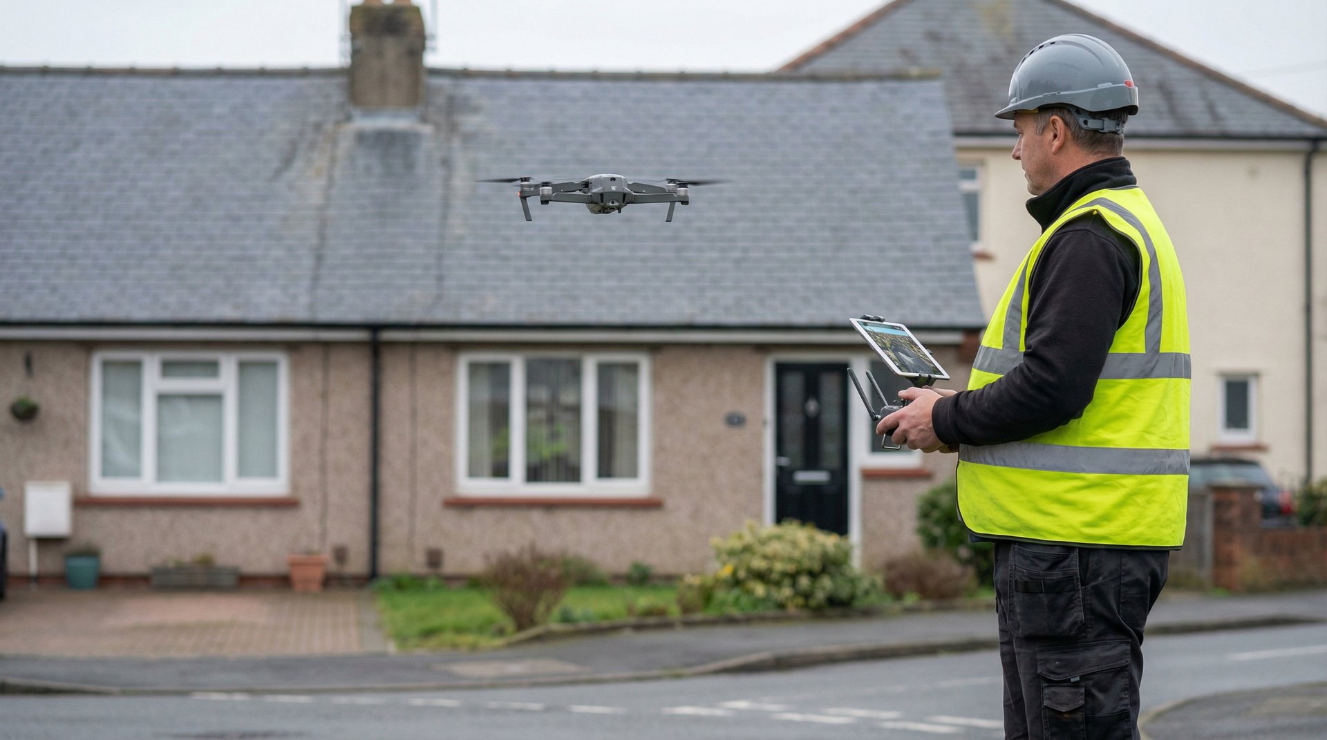 Drone roof survey in progress