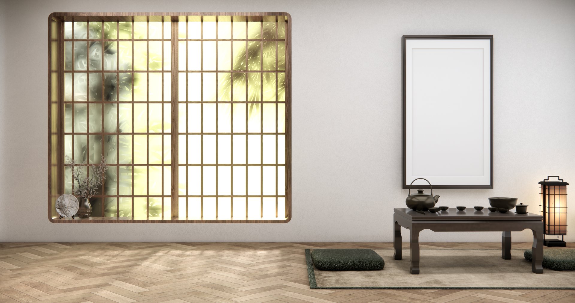 Chabudai japan traditional low table and decoration on minimal Japandi room japan style.3D rendering