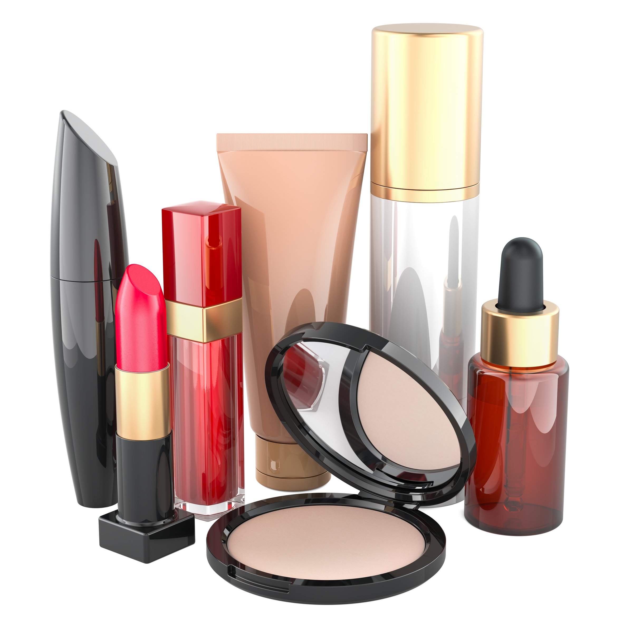 Decorative cosmetics, makeup set. 3D rendering isolated on white background