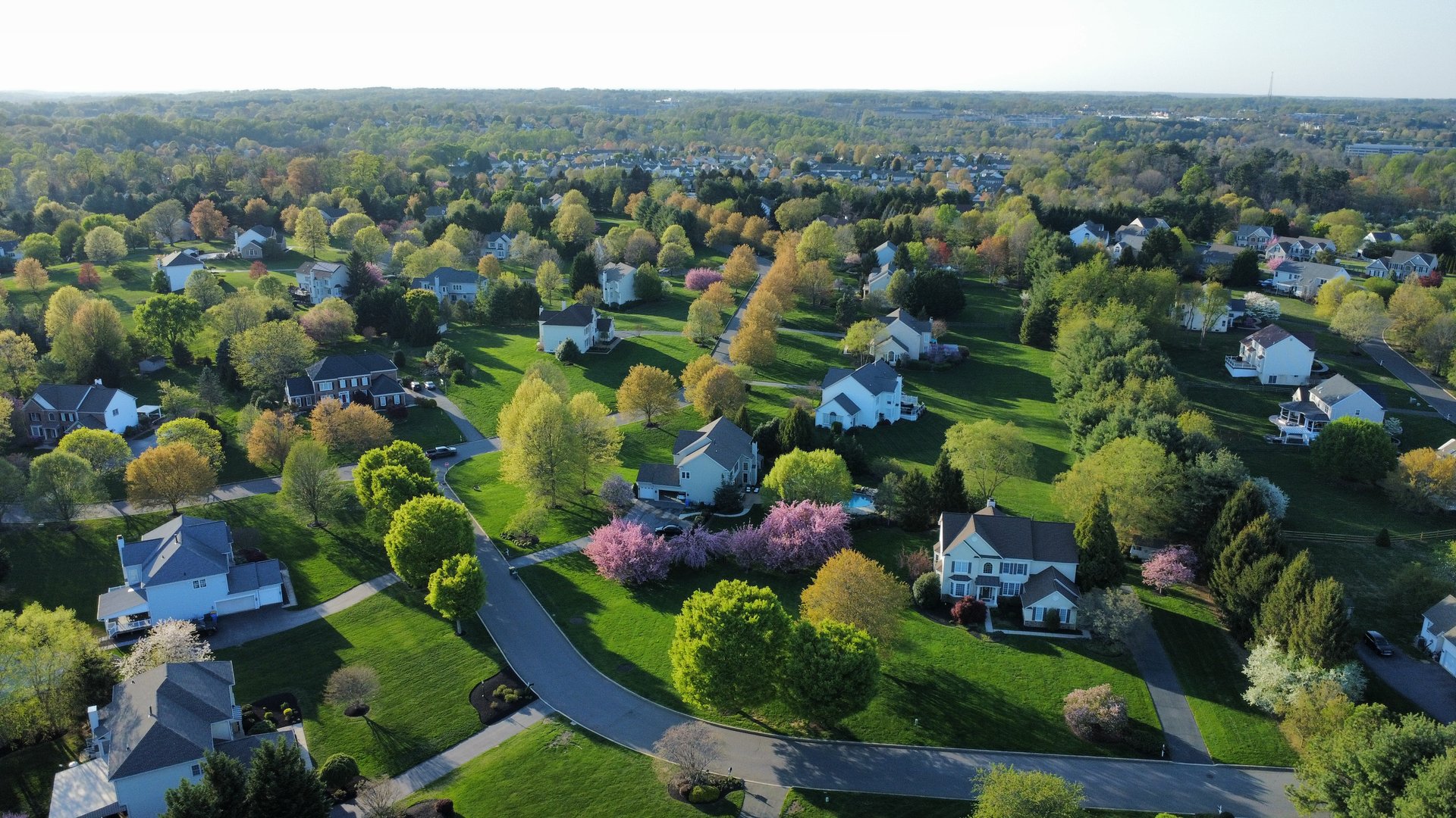 Aerial view of a residential community in Garnet Valley, suburb of Philadelphia, Pennsylvania in spring