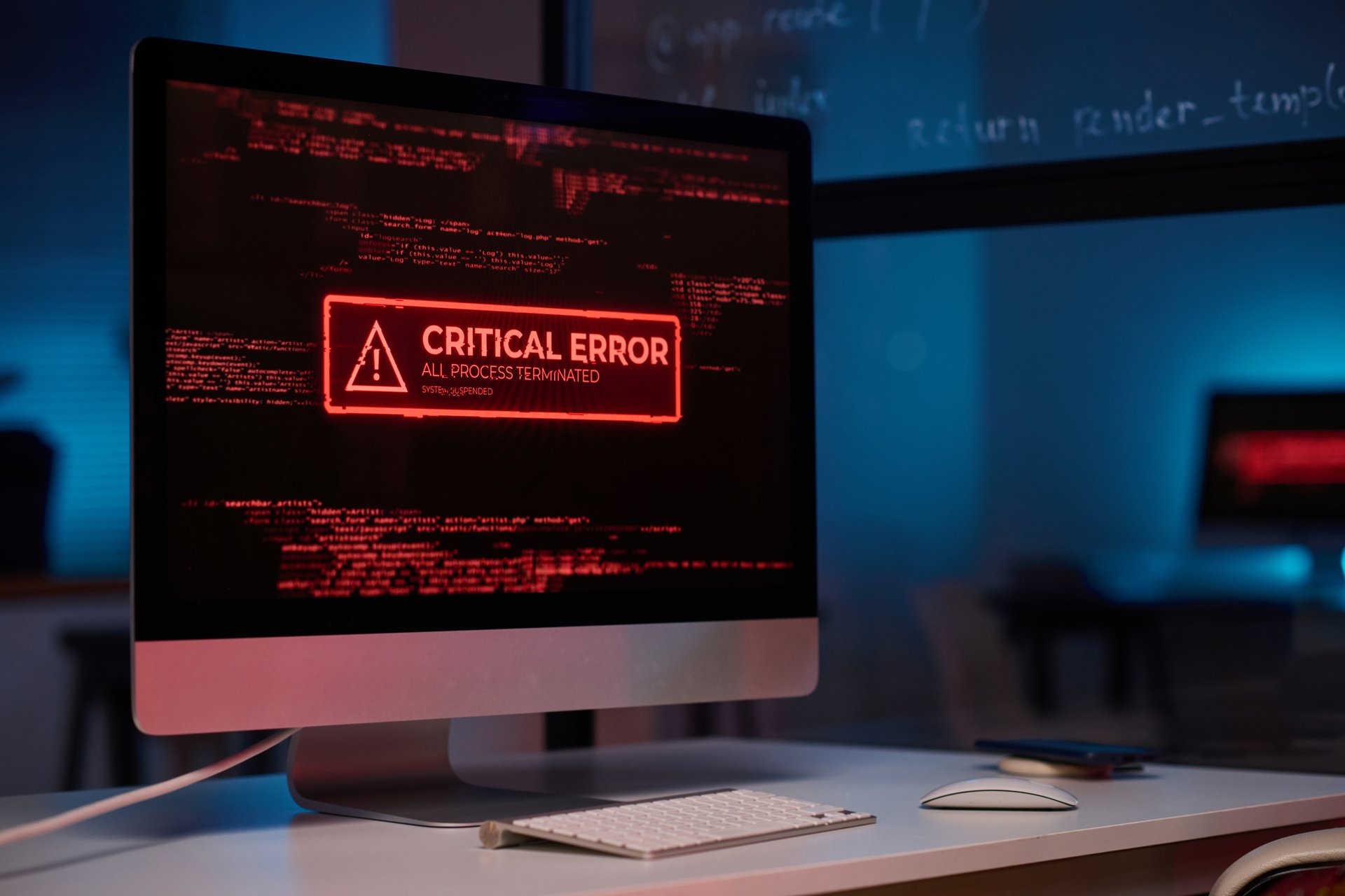 Background image of PC computer with emergency message of critical error on screen in red lights copy space