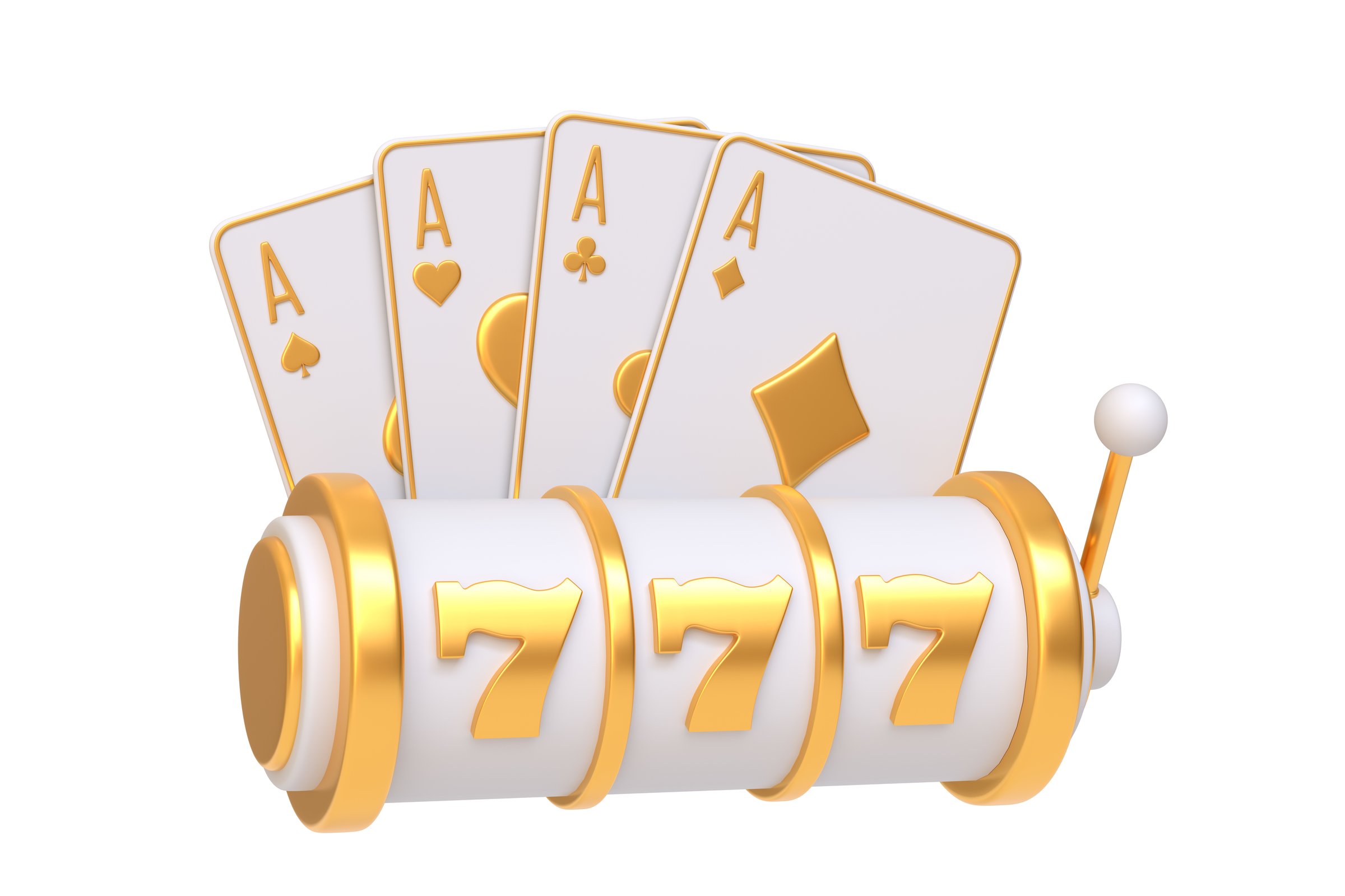 White slot machine adorned with golden accents, displaying 777 and four aces isolated on a white background, symbolizing luck and jackpot wins. 3D render illustration