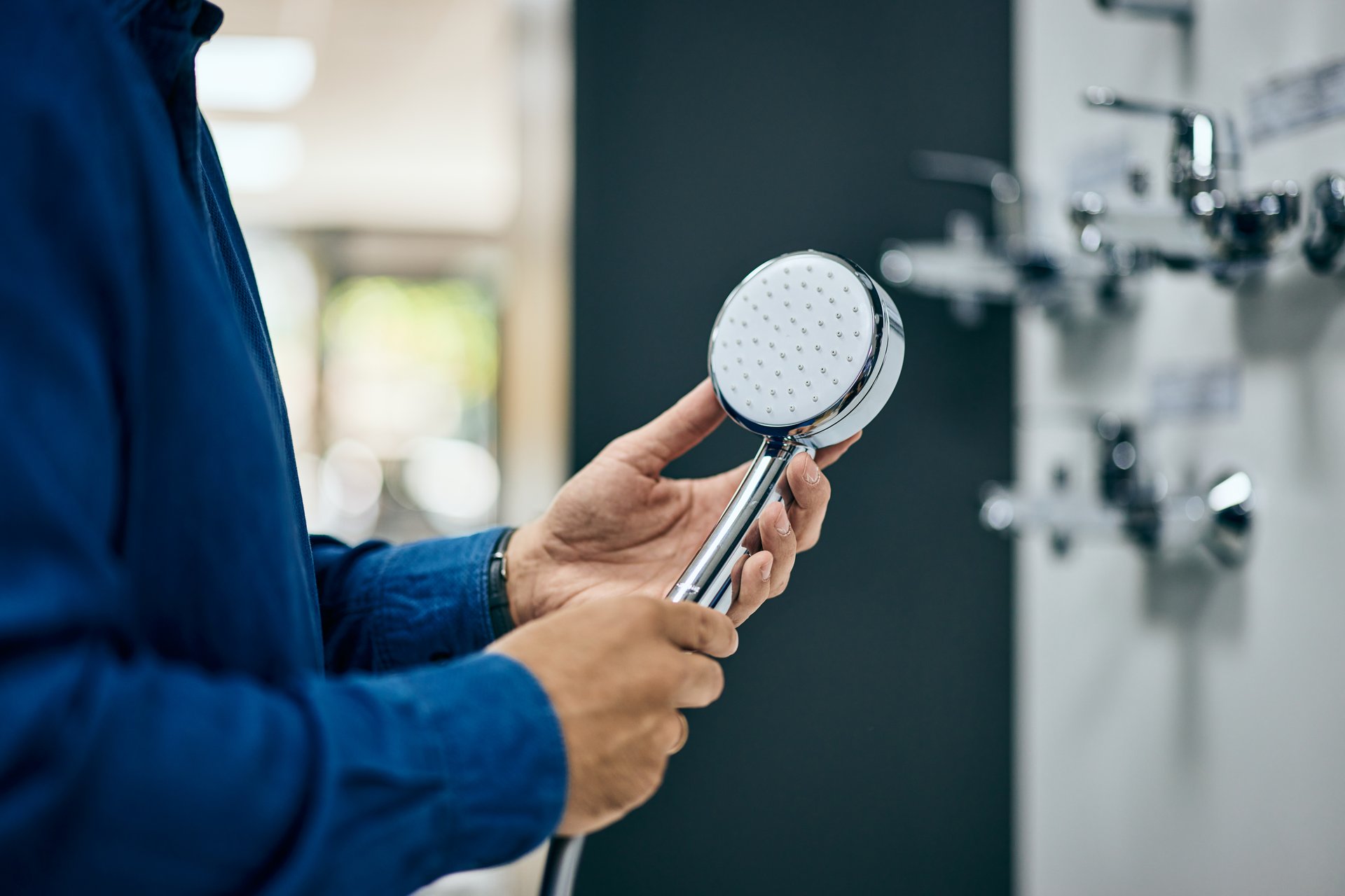 Male customer holding a shower head, buying bathroom accessories at the home design shop.