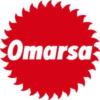 Logo with Omarsa in white letters on a red, sunburst-shaped background.
