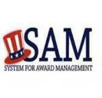 SAM logo with a red, white, and blue top hat symbol. Text reads: "SAM - System for Award Management."