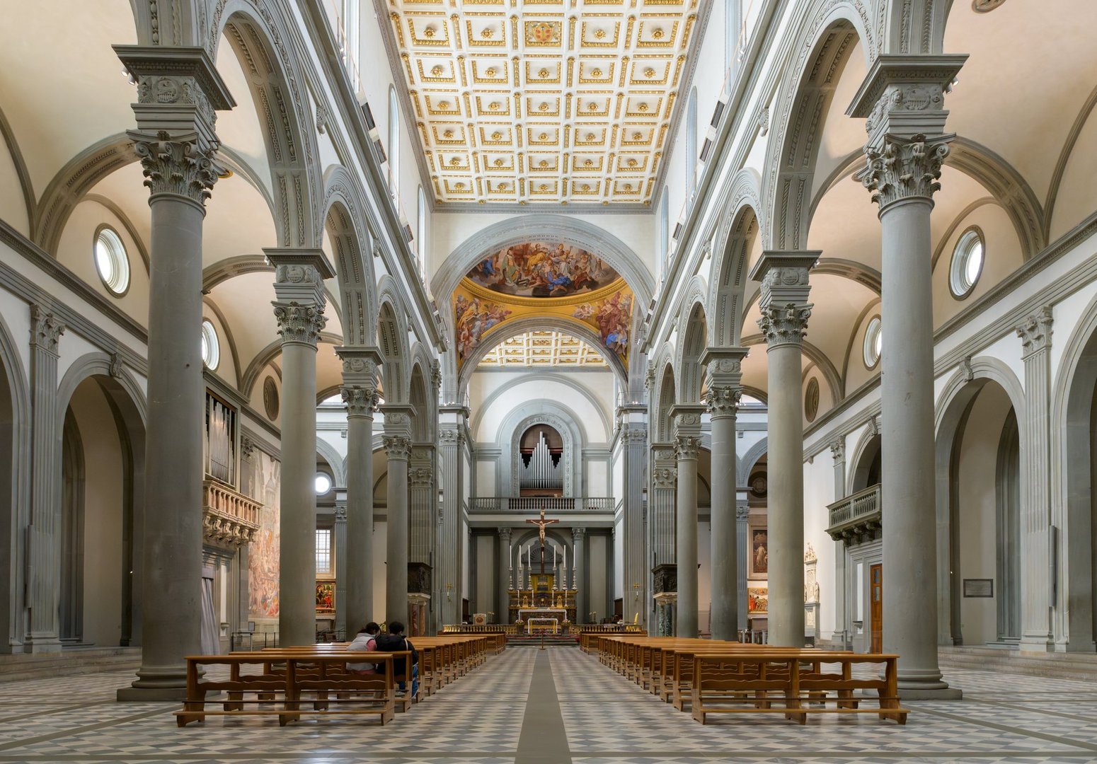 Interior view of the Basilica of San Lorenzo, designed by Filippo Brunelleschi, 15th century Renaissance church in Florence, Italy.