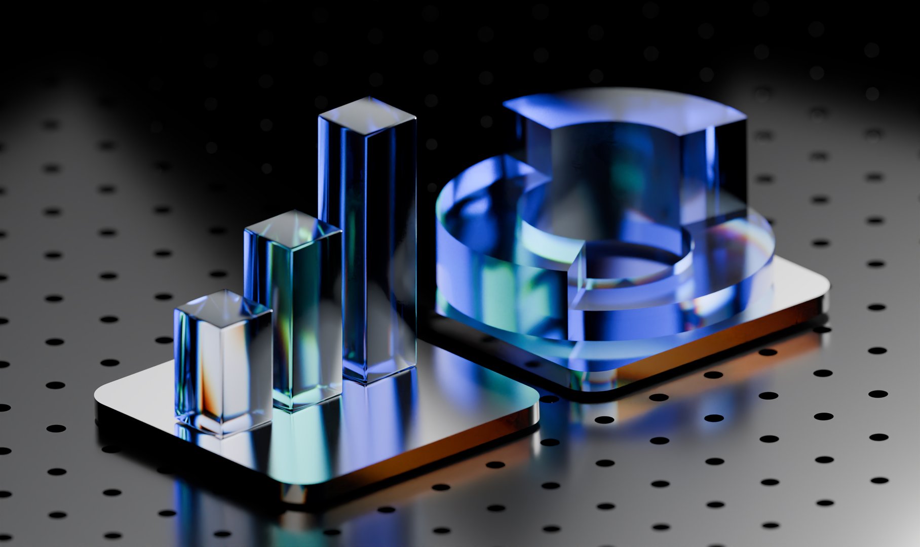 Modern Business Analytics Display: 3D Transparent Charts with Blue Illumination
