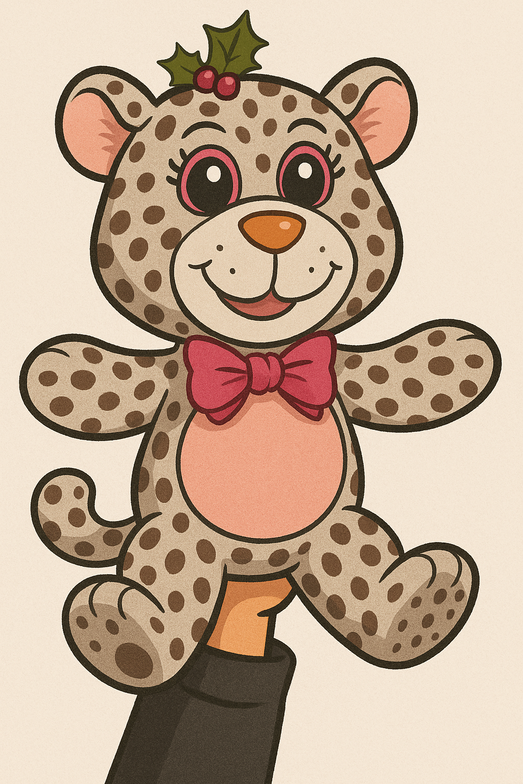 Illustration of a spotted leopard puppet with a pink bow tie, red holly on head, held by a hand against a plain background.