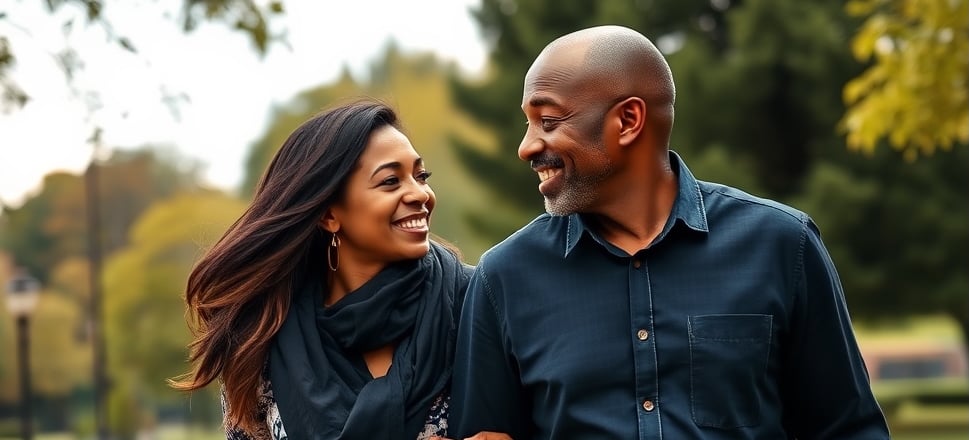 A couple walking outdoors smiling at each other, surrounded by trees with autumn foliage.