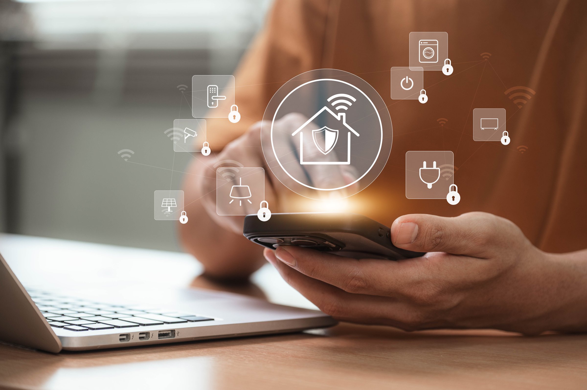 Protecting IoT Smart Homes with Digital Wireless Security. Person using controlling connected devices via mobile app, showcasing data privacy, smart locks, and intelligent home automation systems.