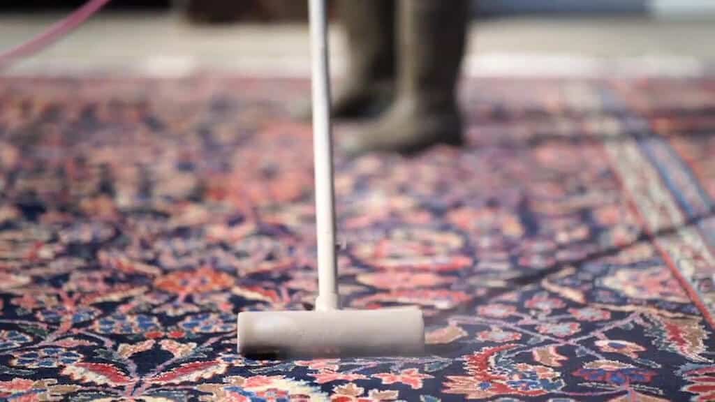 Professional rug air dusting process removing dry soil and debris