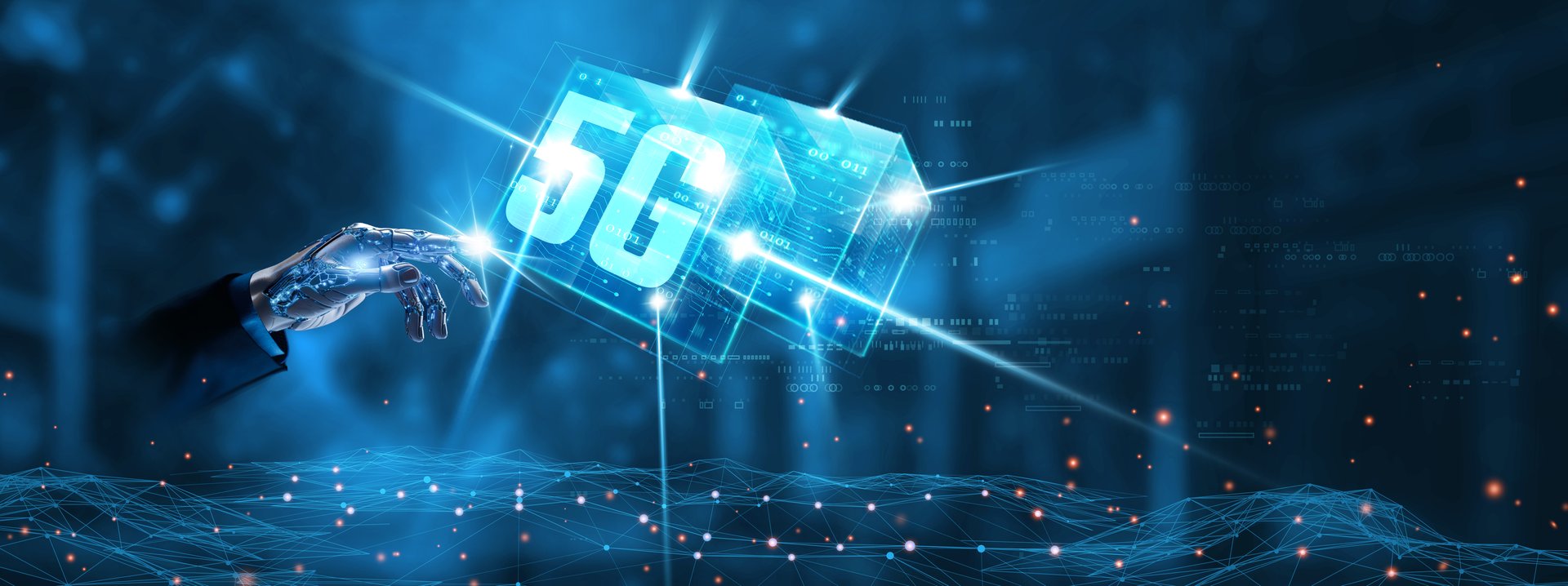 5G : Businessman mechanical robotic hand touching 5G network technology on interface. High speed, low latency, connectivity, real-time communication, innovation concept.