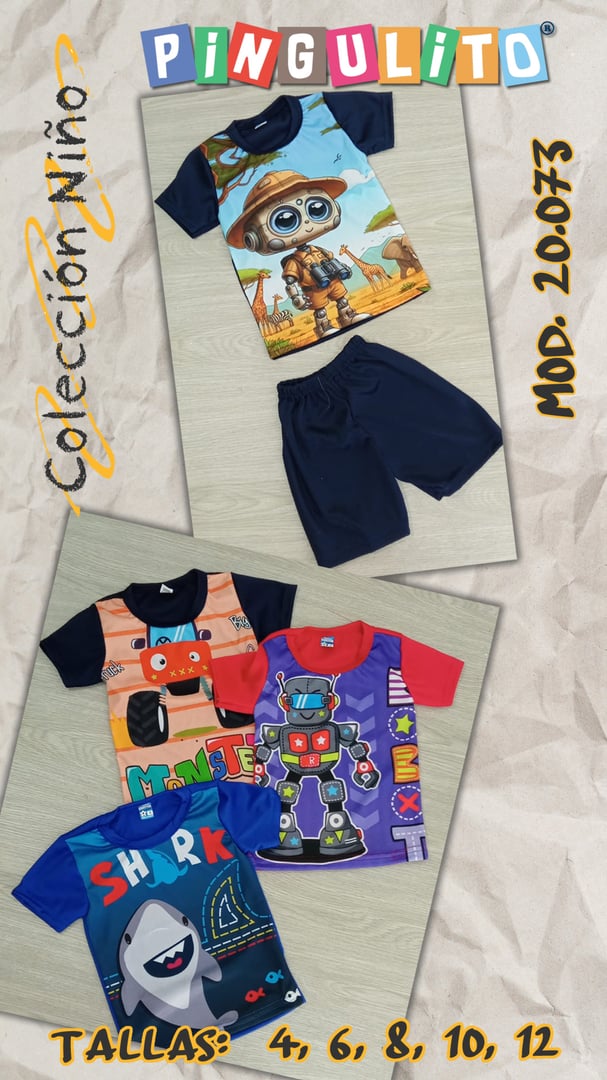 Children's clothing set with shorts and cartoon-themed T-shirts. Sizes available: 4, 6, 8, 10, 12.