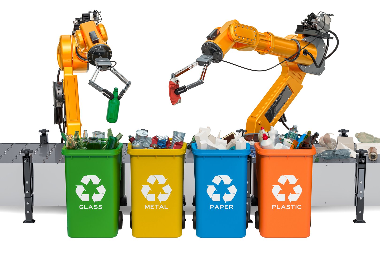 Robotic arms sorting garbage, automatic sorting of trash. 3D rendering isolated on white background