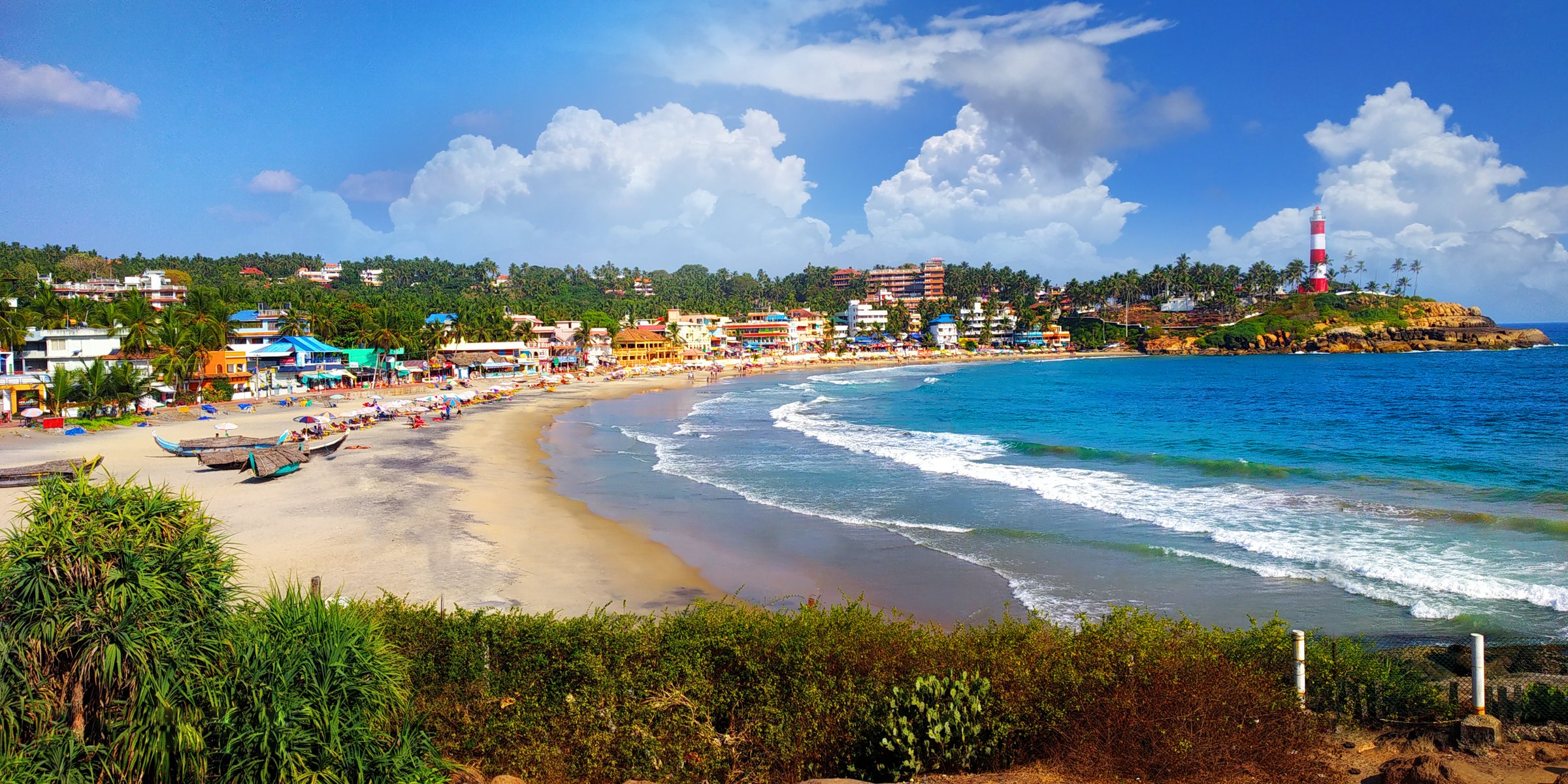 Kovalam beach Kerala with lighthouse and coastline
