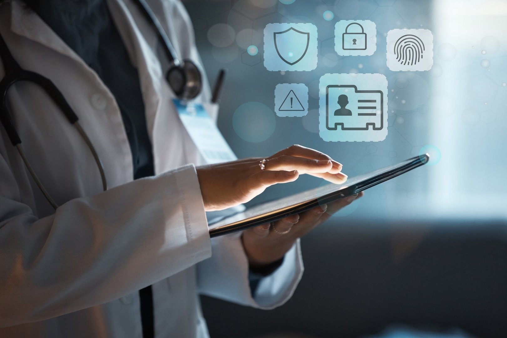 Tablet, overlay and hands of doctor with safety icon, privacy and cybersecurity in healthcare network