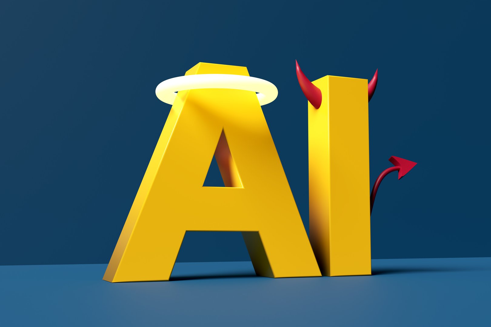 AI ethics and morality concept. The use of artificial intelligence for the good or bad. The acronym AI with angel halo and devil's horn and tail on blue background. 3D rendering.