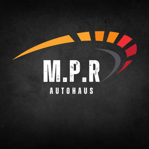 Logo of M.P.R Autohaus with stylized orange, red, and gray speedometer design on a dark textured background.