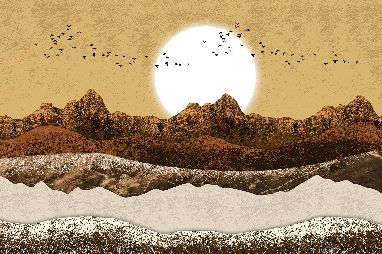 3d wall frame canvas art. golden beige and brown colorful mountains, and golden sun in 3d landscape golden background