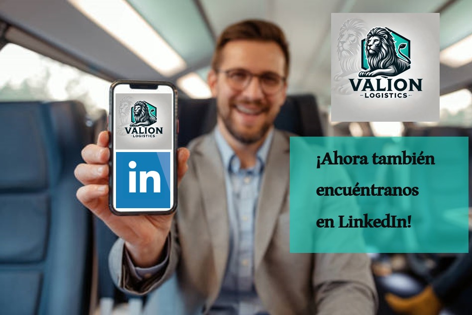 Man holding a smartphone displaying the LinkedIn logo, with Valion Logistics branding and LinkedIn announcement text.