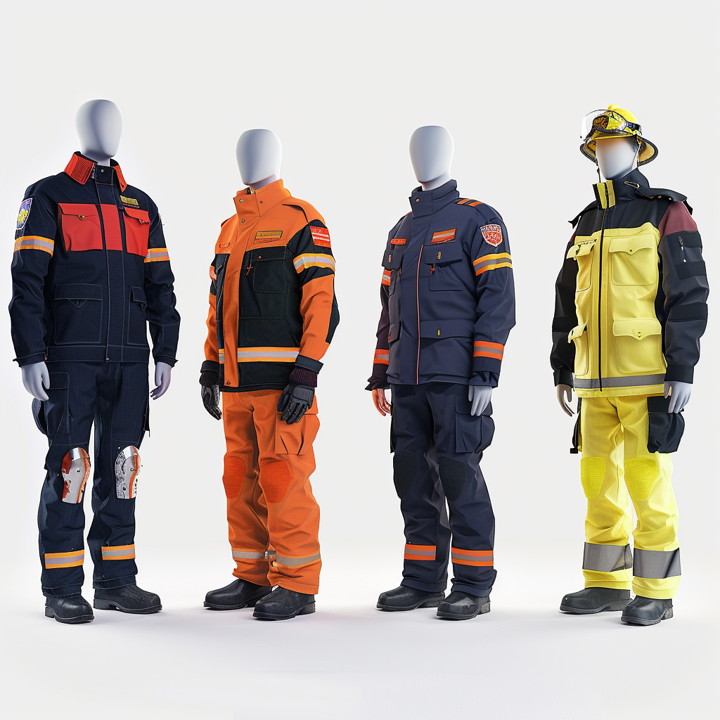 Four mannequins wearing different colored firefighting uniforms, including navy, orange, and yellow with safety gear.