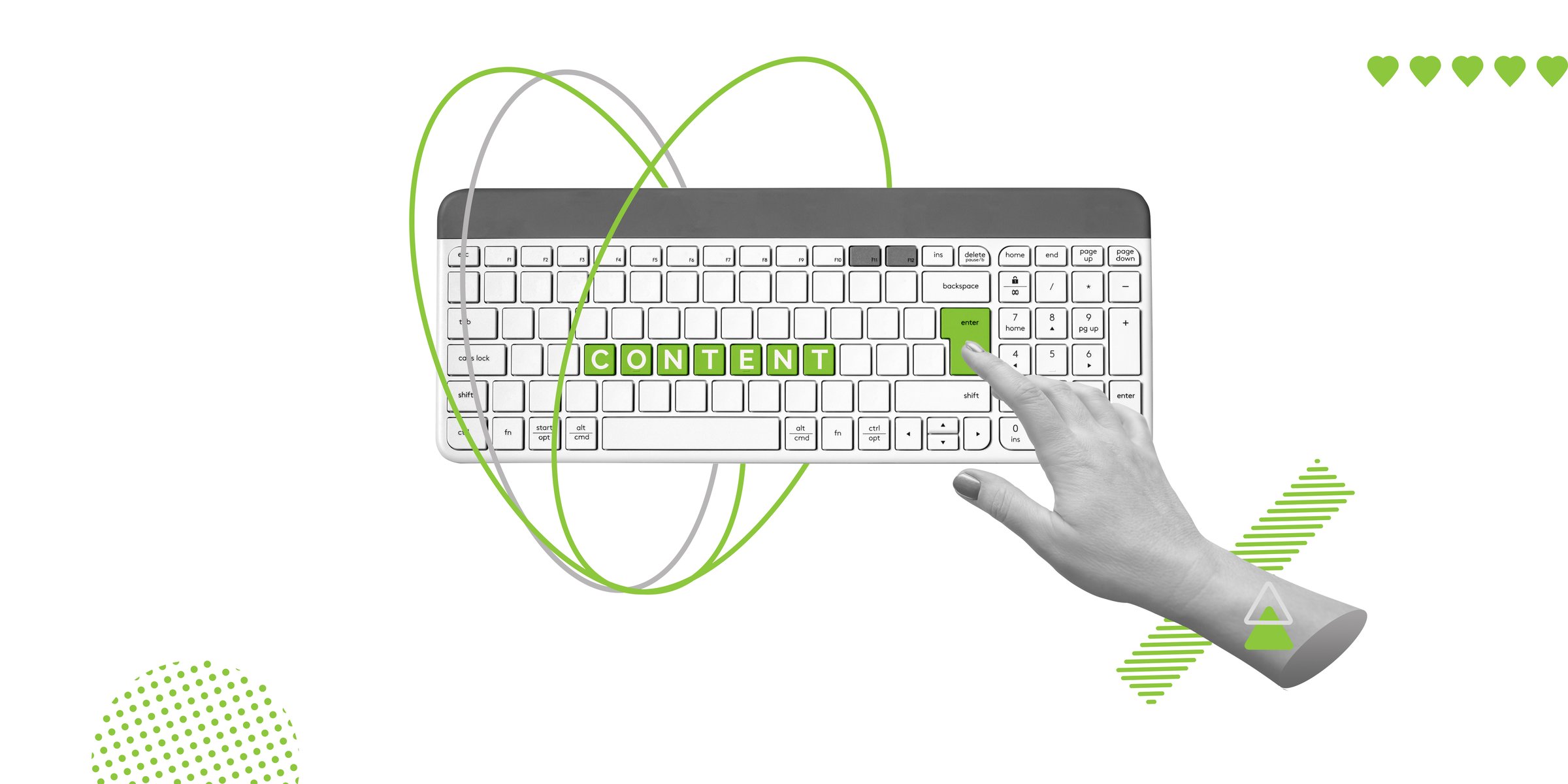 Blogging, content publishing, writing and creating visual stories on Internet. Hand presses green Enter key next to word Content on white keyboard. Minimalist art collage