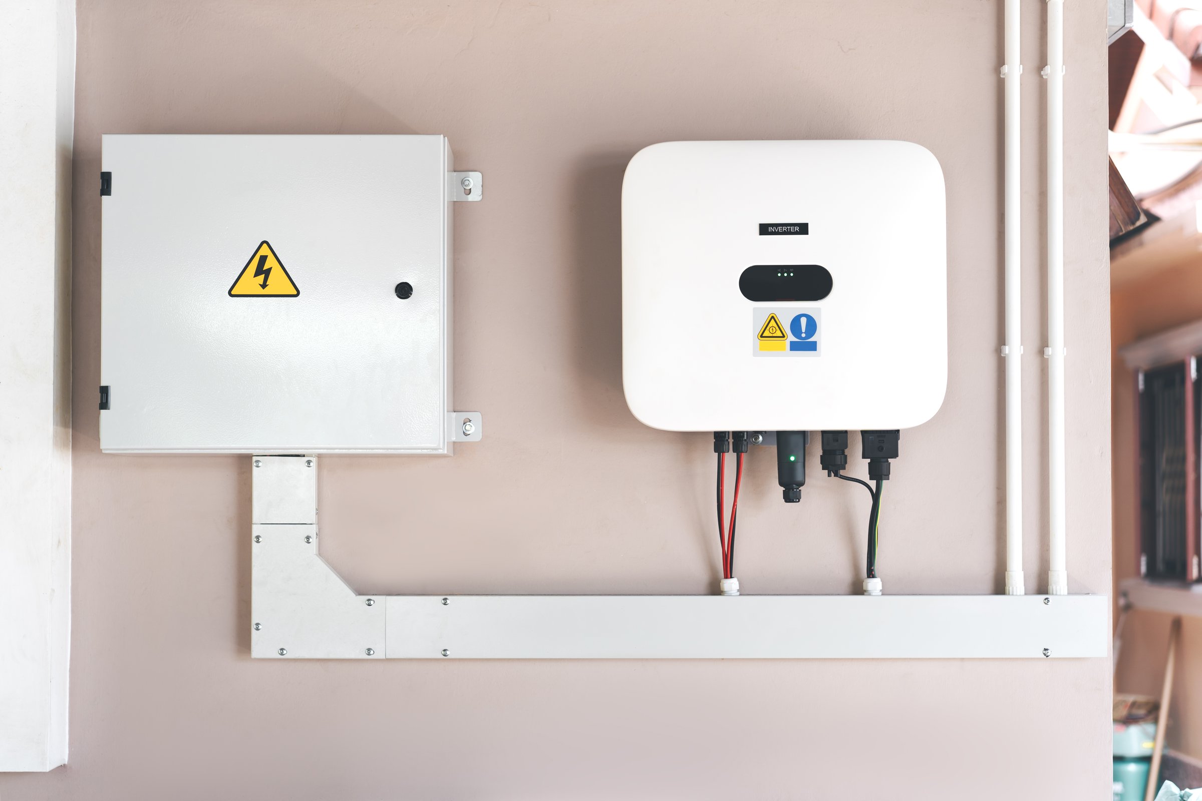 Electrical control cabinet of solar cell PV grid tile Inverter system. Installation for home user. Save electric bill with innovation technology.