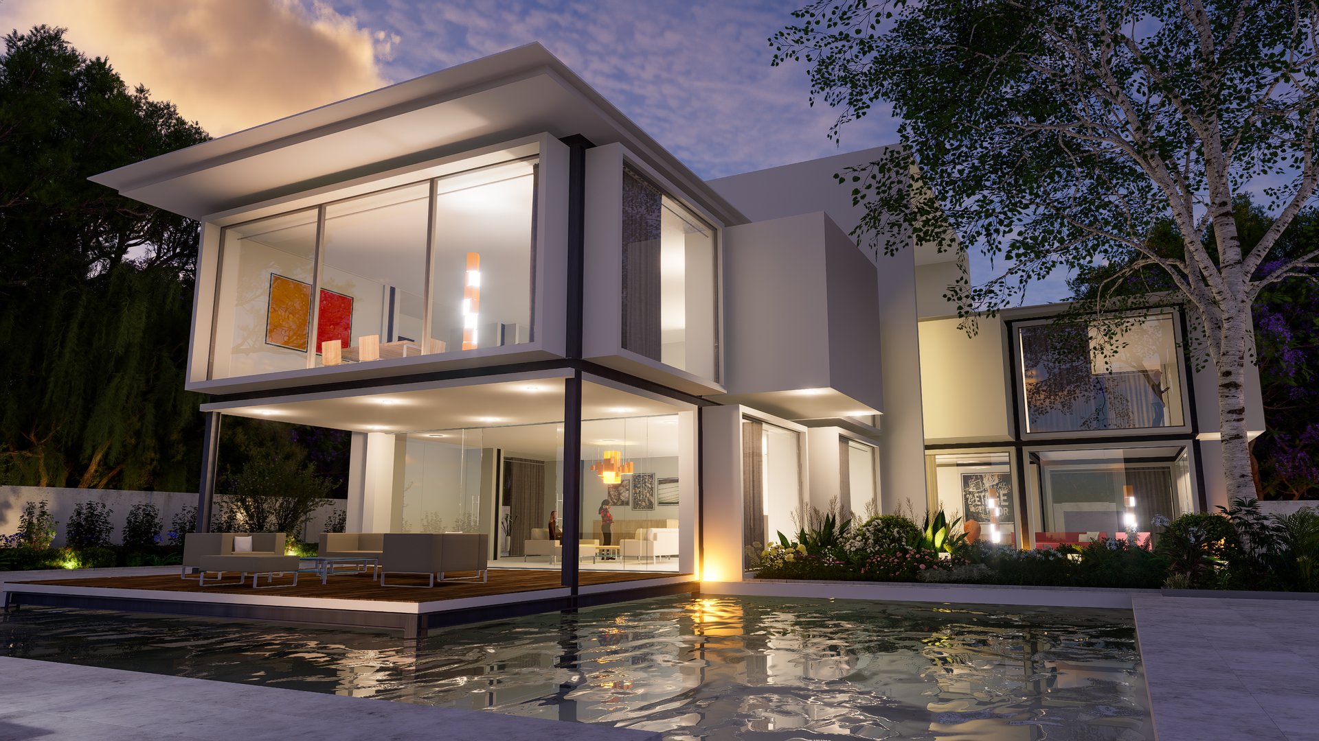 3D rendering of a modern luxurious house with pool