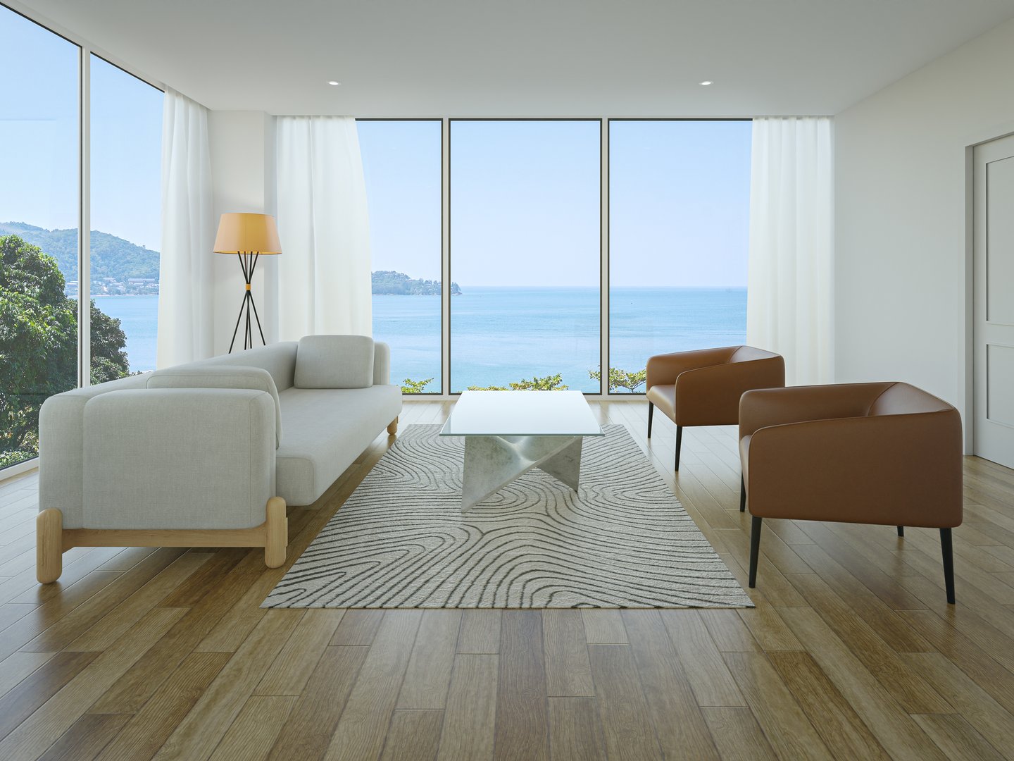 Minimal home interior 3d rendering with sea view