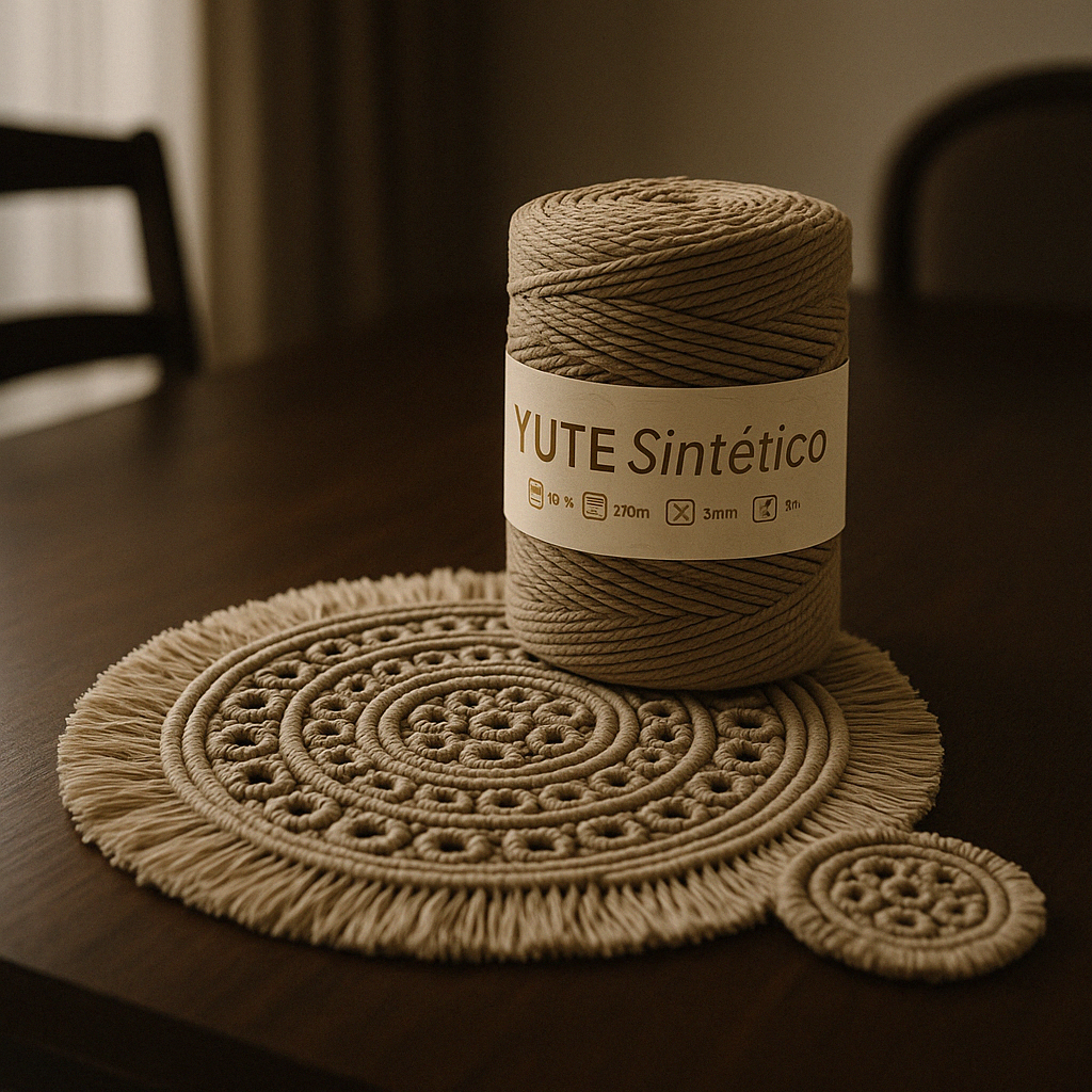 Beige spool of synthetic jute yarn on a wooden table with a decorative woven mat and a small circular piece.