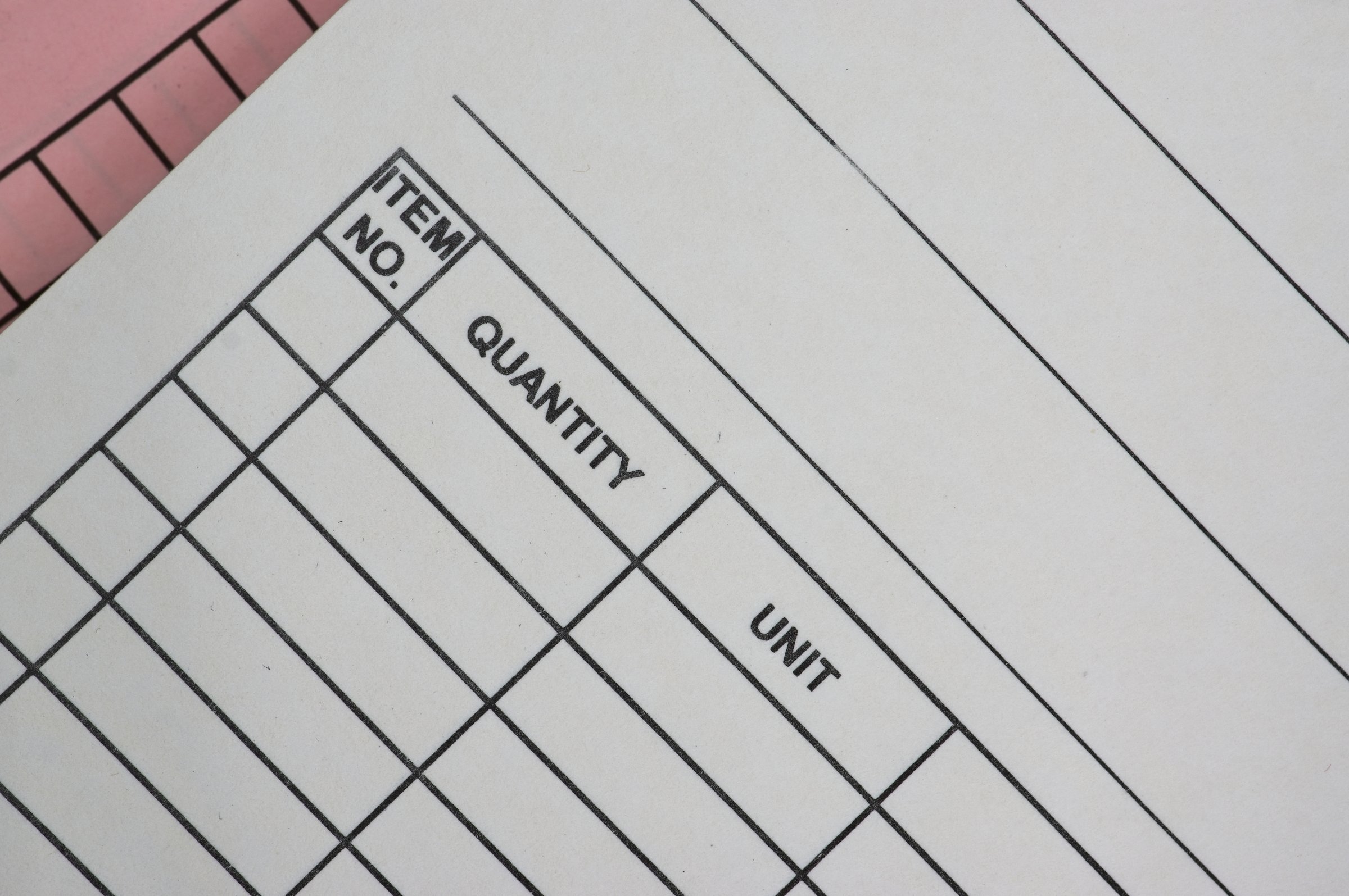 Form for item, quantity and unit in a close up