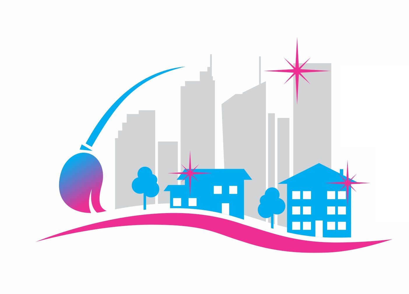 Abstract cityscape illustration with buildings, a paintbrush, and stars, in pink and blue hues on a white background.