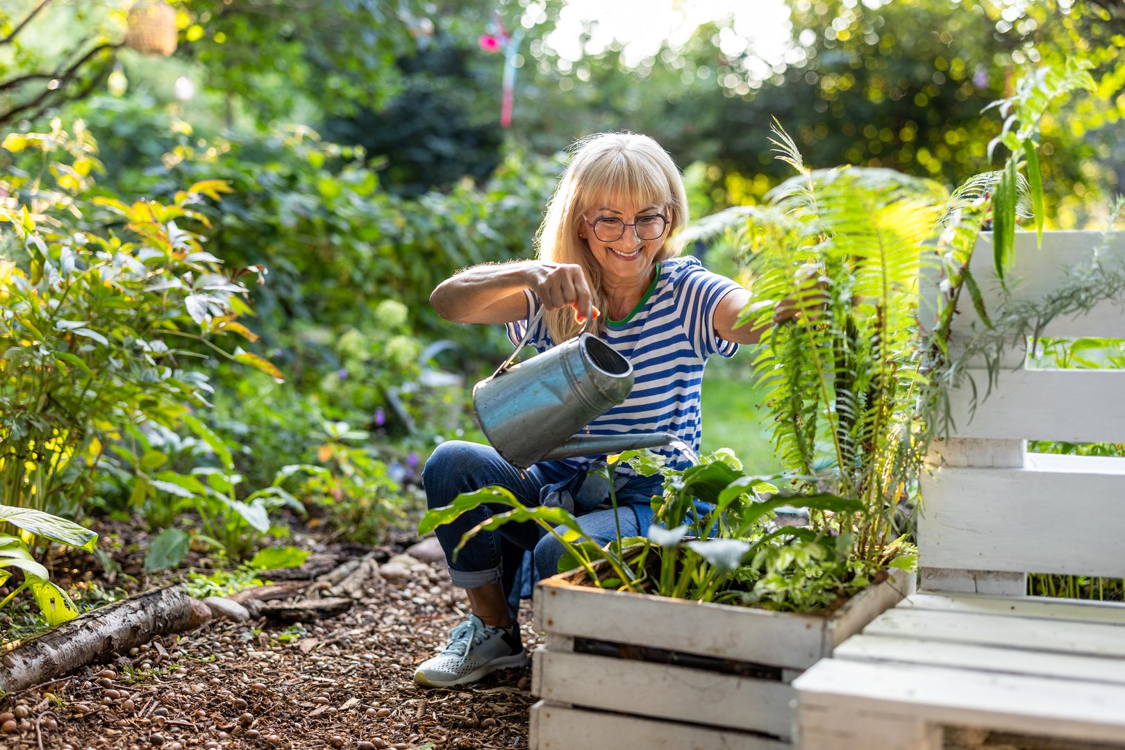 Mature woman watering plants in her garden on a sunny summer day