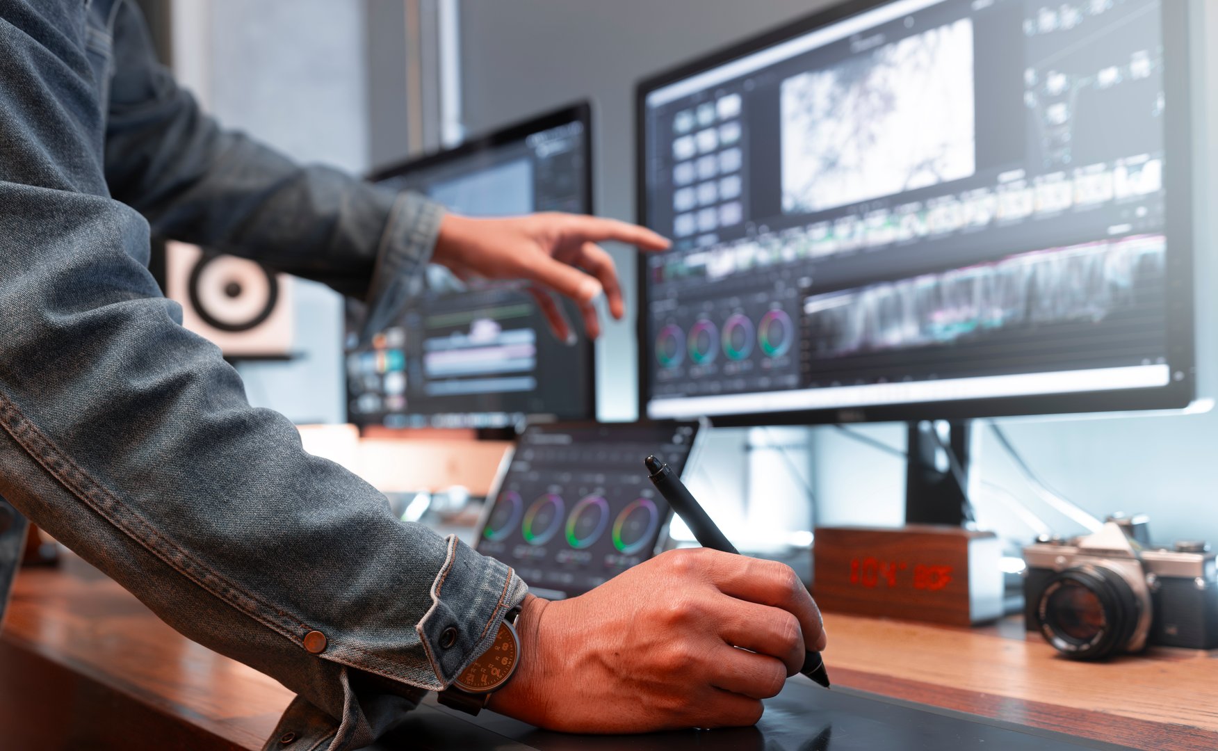Asian male creator, works with footage or video on his personal computer, in his creative office studio.