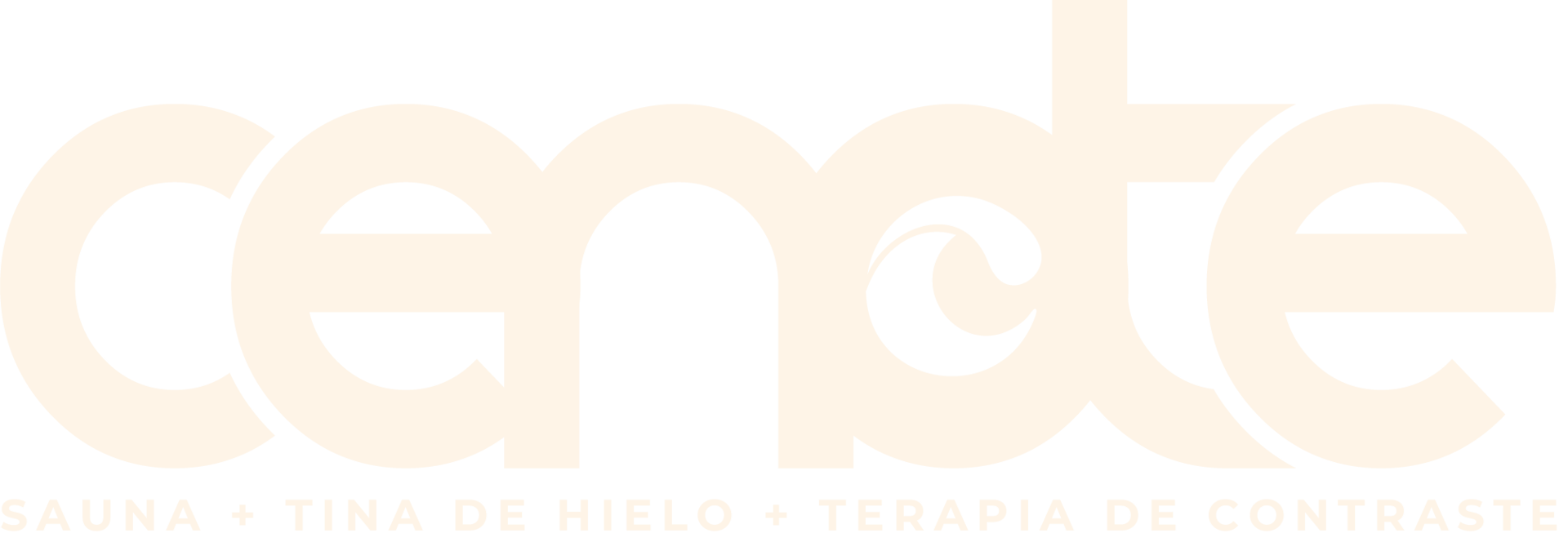 Logo of "cenote" with text "Sauna + Tina de Hielo + Terapia de Contraste" in minimalist font style.