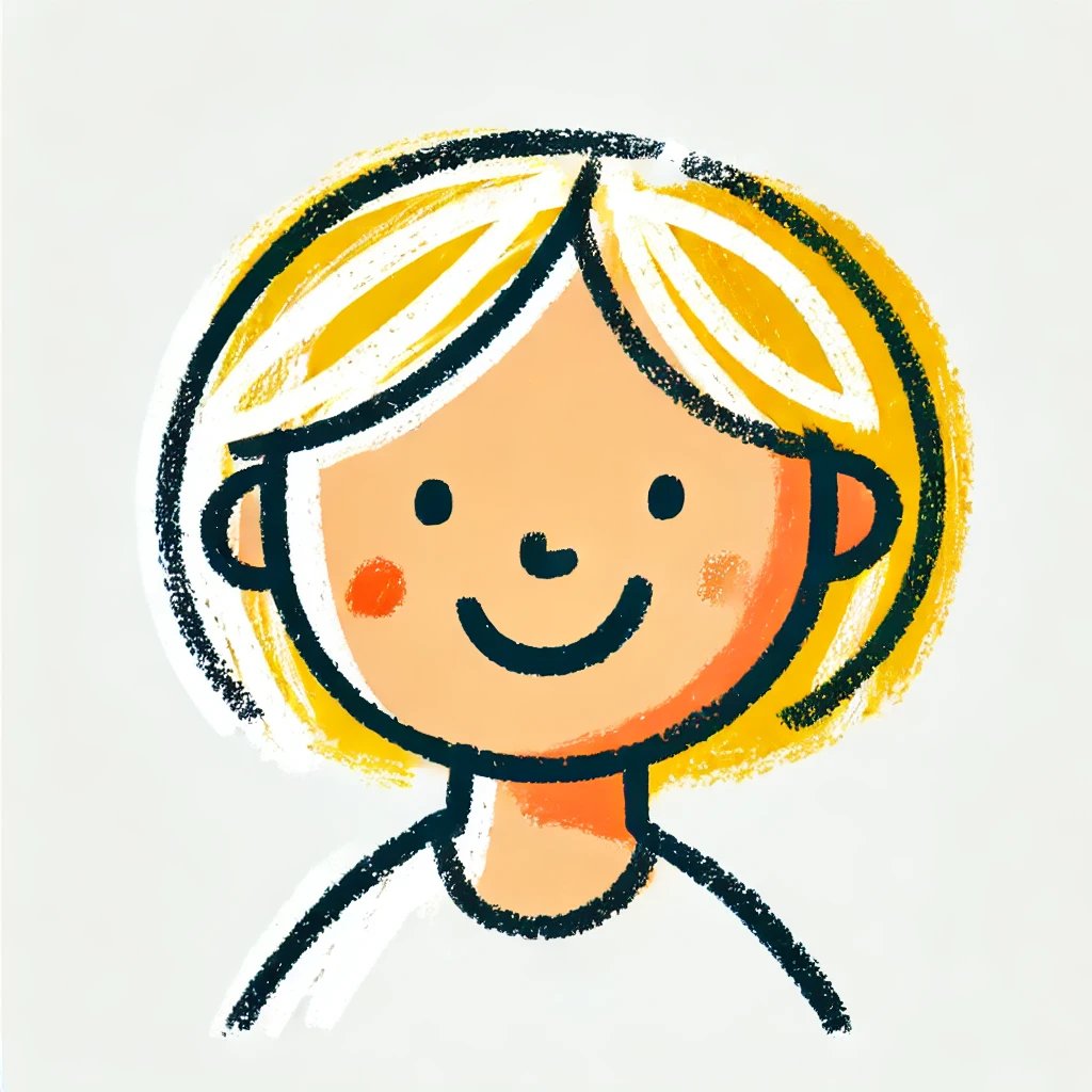 Colorful drawing of a smiling child with short blond hair and rosy cheeks on a light background.
