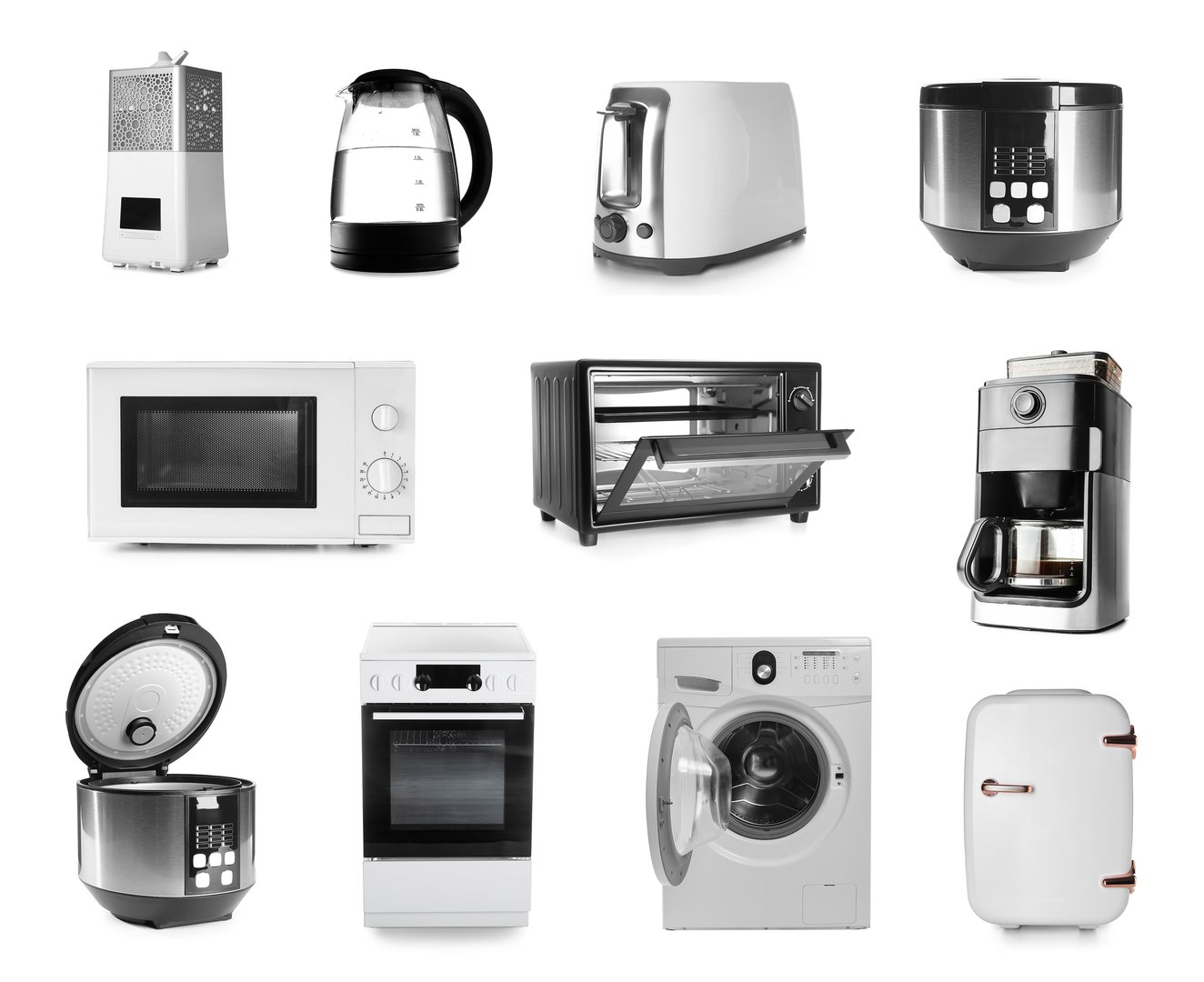 Studio photograph collection featuring twelve common modern household appliances, including a microwave, toaster, kettle, oven, and washing machine, arranged in a grid format. All items are isolated on a crisp white background, ideal for product listings, e-commerce, advertising, or catalogs related to home goods and domestic technology.